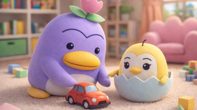 親子で一緒にミニカーで遊んでいる親子ペンギンのイラスト