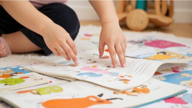 成長中の幼児が絵本を一人で読もうとしているイラスト