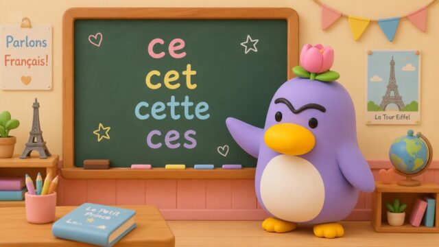 フランス語の指示形容詞4形態(ce・cet・cette・ces)の基本ルールを学ぶイラスト