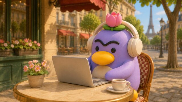 フランス語の音声リスニング練習をするペンギンのイラスト