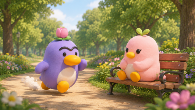 フランス語で公園の待ち合わせに遅れた日常会話シーンのイラスト