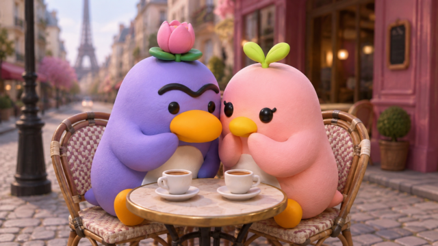 フランス語でカフェのテラスで変な人について話す日常会話シーンのイラスト